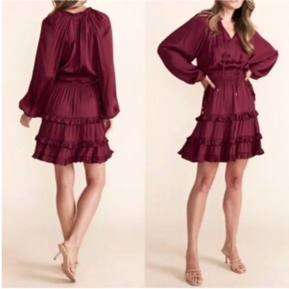 MINKPINK Dresses & Skirts - Women's MINKPINK Dark Red Satin Long Sleeve Ruffle Tiered Boho Peasant Dress M